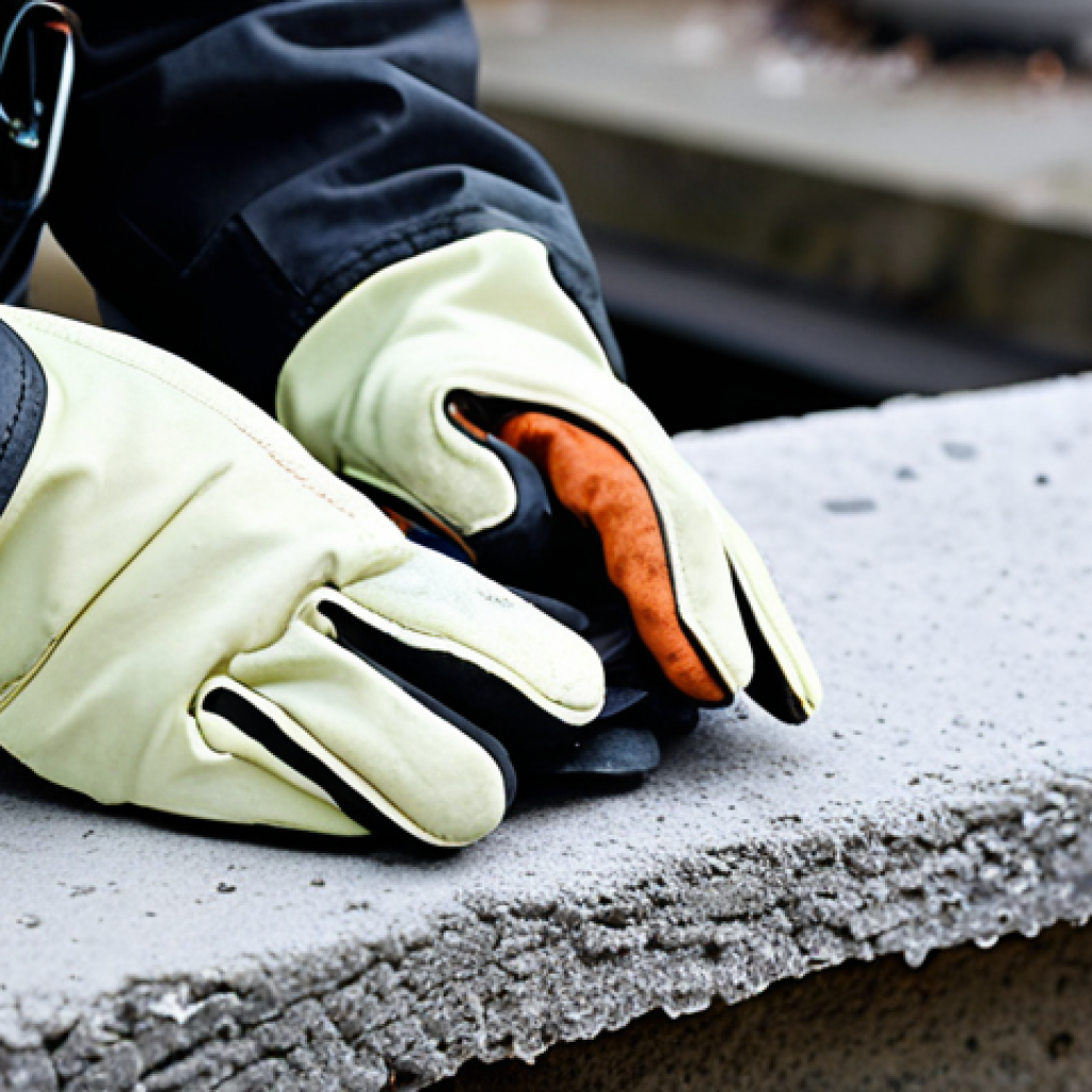 **

Close-up of various work gloves (leather, nylon, synthetic) being tested for abrasion resistance on a rough concrete surface in cold weather. Focus on the wear and tear. Include elements that suggest a harsh, outdoor working environment.

**