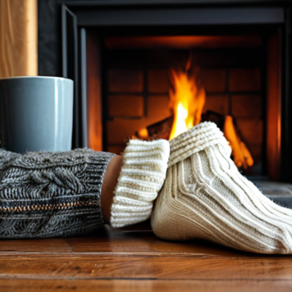 Winter Comfort - Thick Wool Socks**

"A cozy scene featuring thick, warm wool socks in a rustic setting. The socks are a creamy off-white color and appear soft and comfortable. They are placed on a weathered wooden surface, perhaps a cabin floor. In the background, a glimpse of a crackling fireplace and a steaming mug add to the feeling of warmth. fully clothed, safe for work, appropriate content, professional, perfect anatomy, natural proportions, high quality, family-friendly, modest attire."

**