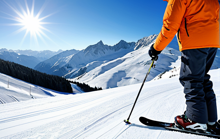 **

A person snow skiing, fully clothed in appropriate winter ski attire, including a waterproof jacket and ski pants, wearing gloves, on a sunny ski slope. Background includes snow-covered mountains and blue sky. Safe for work, appropriate content, professional, perfect anatomy, natural proportions, well-formed hands.

**