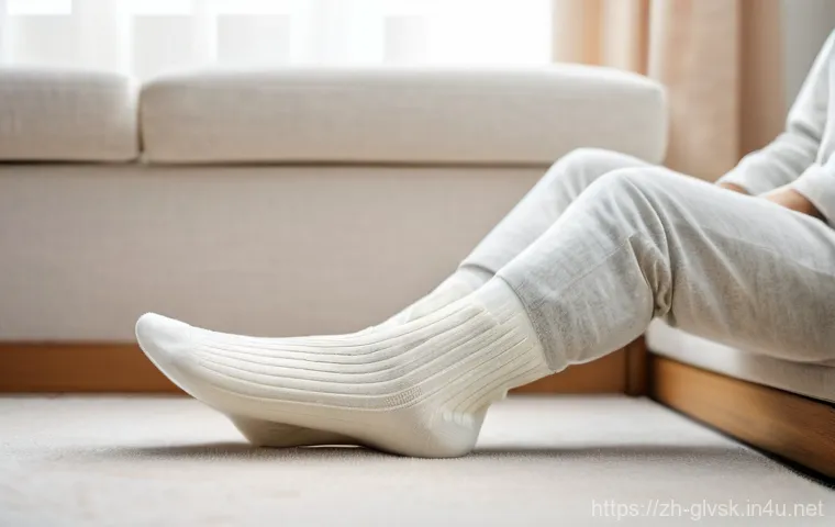 한지 소재 양말 특징 - **Prompt 1: Serene Comfort and Softness**
    "A close-up shot of a person's feet wearing soft, ligh...