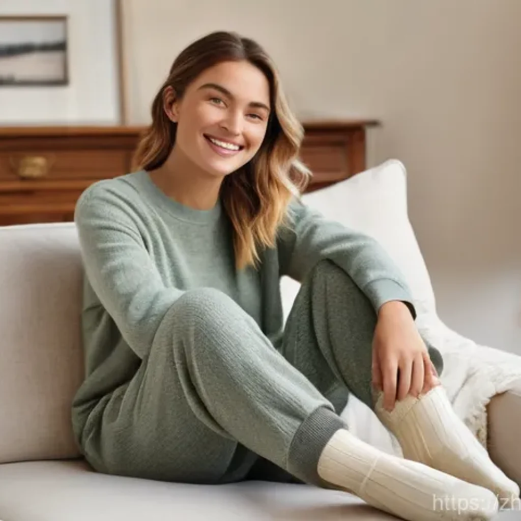 유기농 양말 브랜드 추천 - **Prompt:** A tranquil and cozy indoor scene. A young woman in her late 20s, with soft, serene featu...