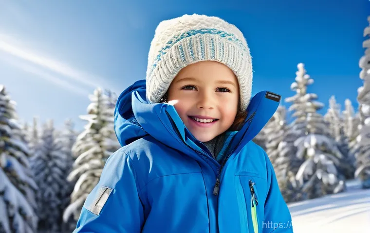 아이들용 방한 장갑 고르는 법 - A joyful elementary school-aged child (around 6-7 years old), bundled warmly in a brightly colored, ...