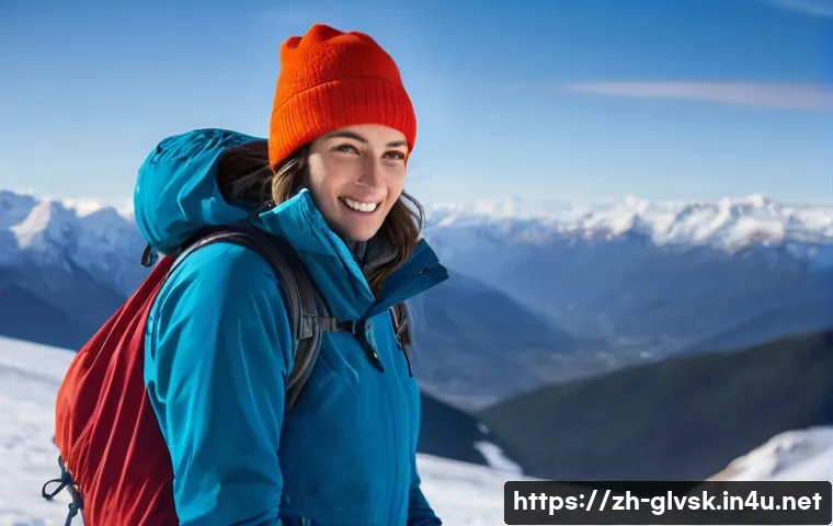 등산 시 활용도 높은 이너 장갑 - **Prompt:** A female mountaineer, mid-20s, with a determined yet comfortable expression, stands on a...