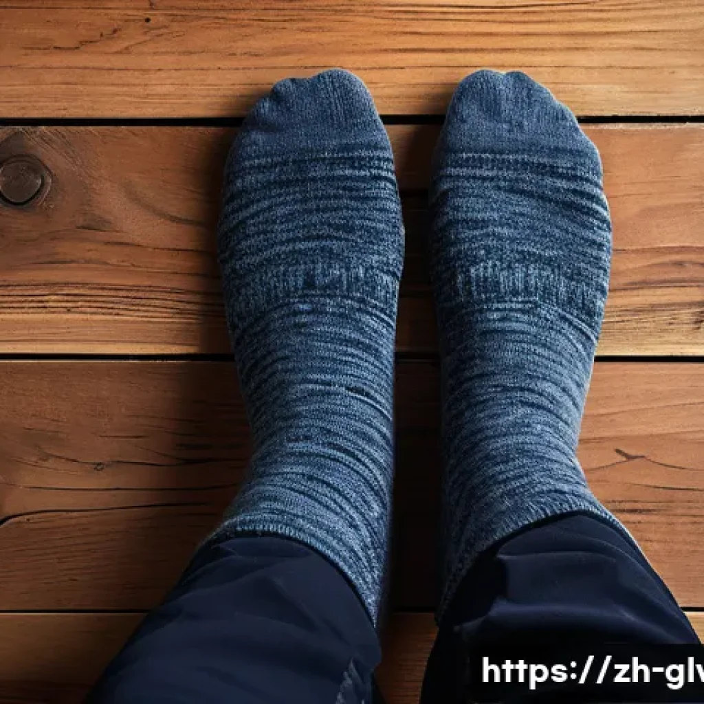 스노우보드 양말 소재 비교 - A close-up shot of a person's feet, wearing soft, plush merino wool ski socks in a warm, muted color...