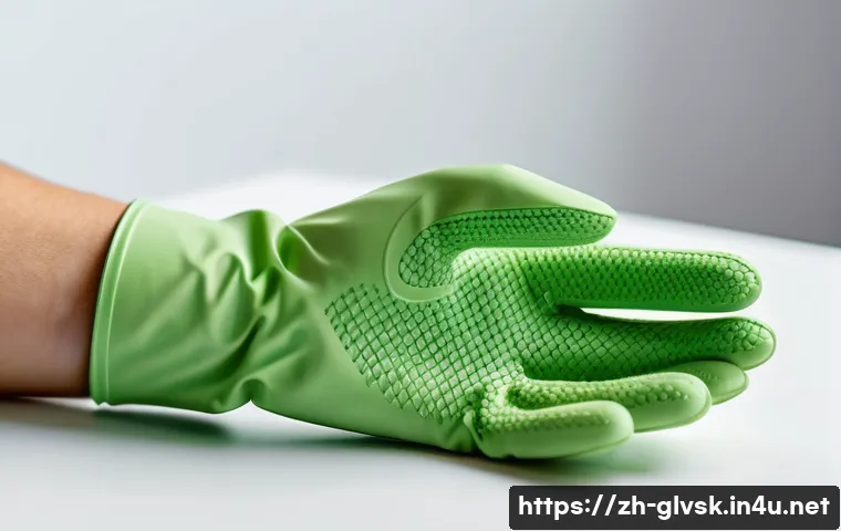 환경을 고려한 리사이클 장갑 - A close-up, highly detailed image of eco-friendly gloves made from natural rubber, displayed on a cl...
