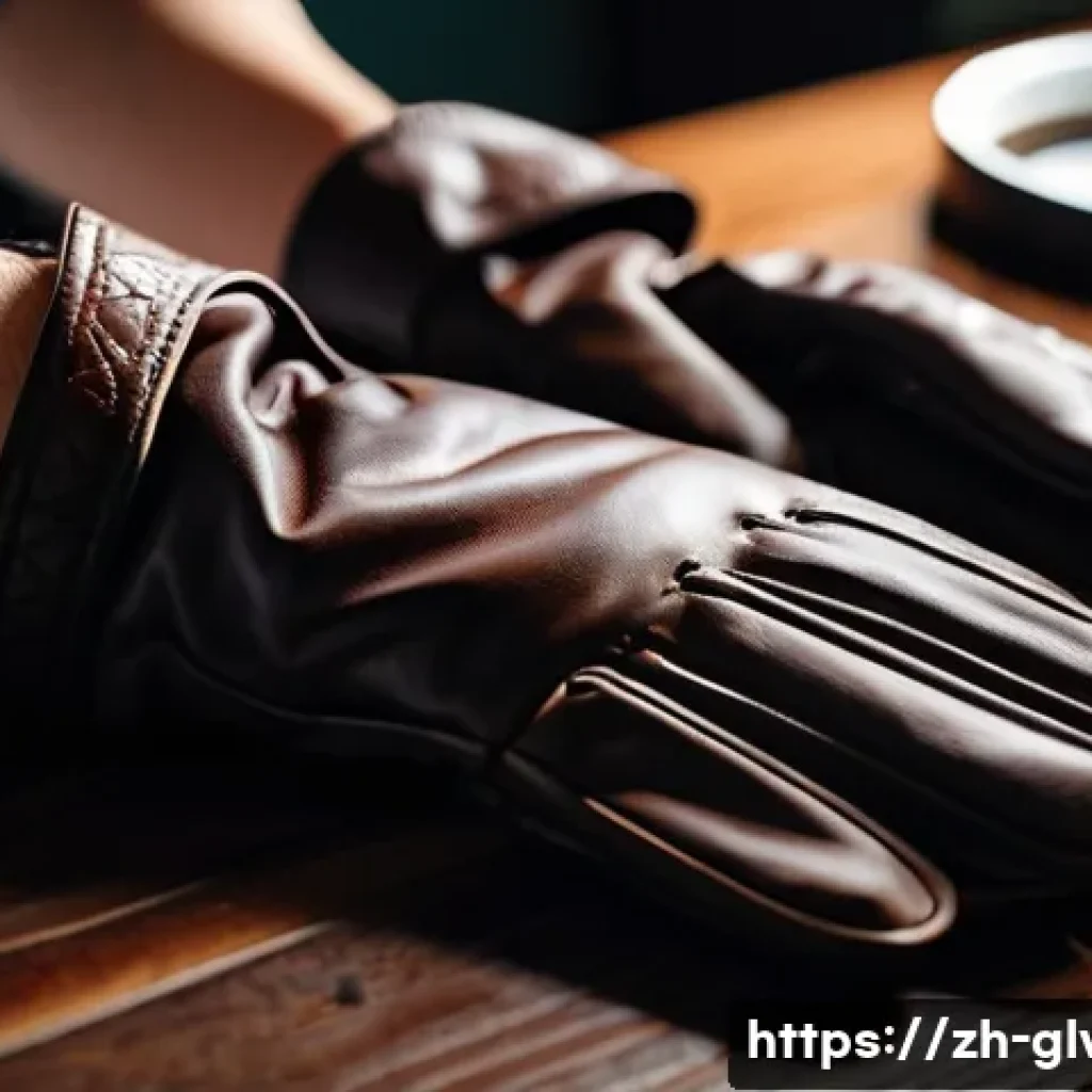 겨울철 장갑 세탁 노하우 - A close-up image of a pair of elegant leather gloves being gently wiped with a soft damp cloth soake...