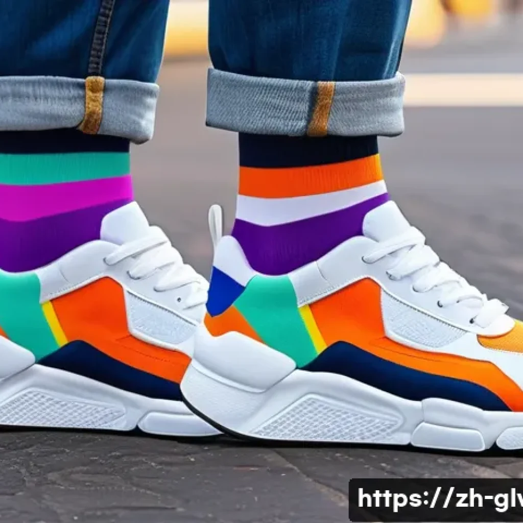 최신 디자인 캐주얼 양말 - A vibrant, modern abstract art casual sock design featuring bold neon colors and irregular stripes, ...