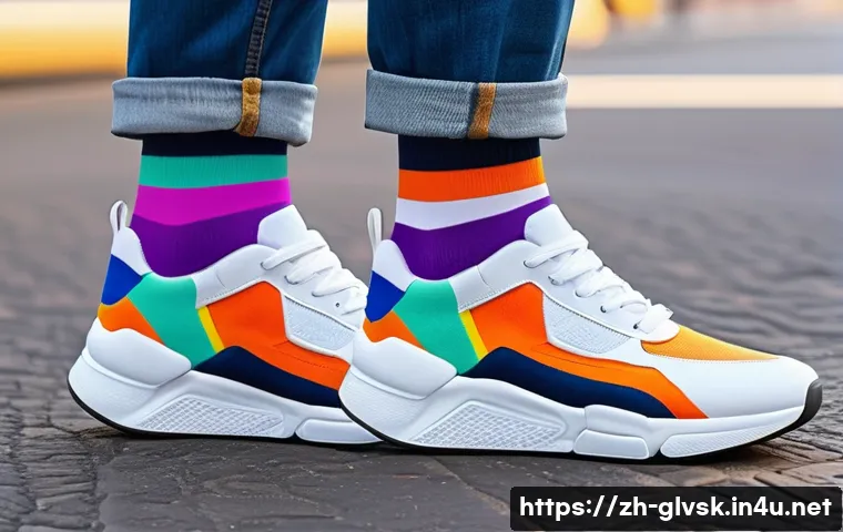 최신 디자인 캐주얼 양말 - A vibrant, modern abstract art casual sock design featuring bold neon colors and irregular stripes, ...