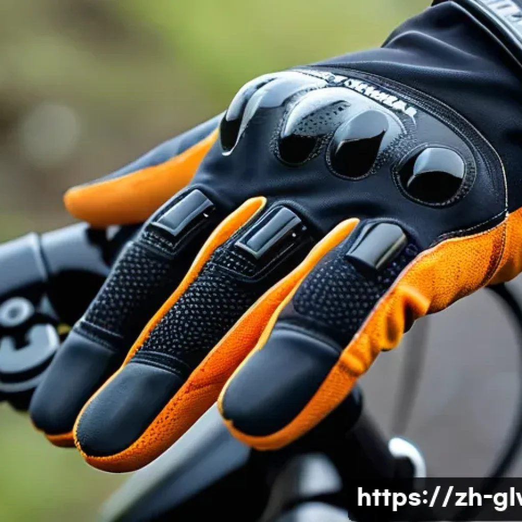 산악 바이크 장갑 방수성 비교 - A close-up shot of a cyclist’s hands wearing high-end Gore-Tex waterproof mountain biking gloves wit...