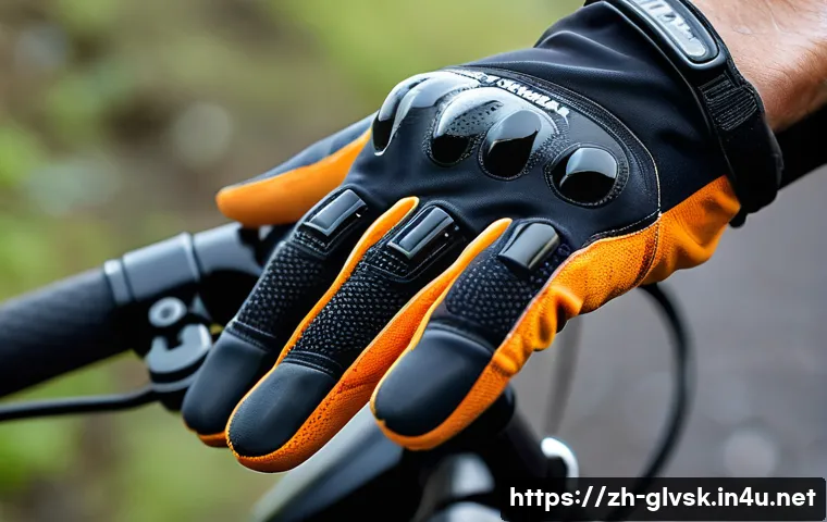 산악 바이크 장갑 방수성 비교 - A close-up shot of a cyclist’s hands wearing high-end Gore-Tex waterproof mountain biking gloves wit...