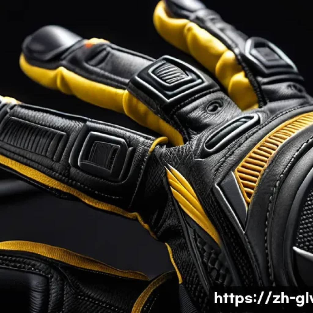 오토바이용 레이싱 장갑 - High-detail photorealistic macro of a race motorcycle glove laid on a matte black carbon-fiber workb...