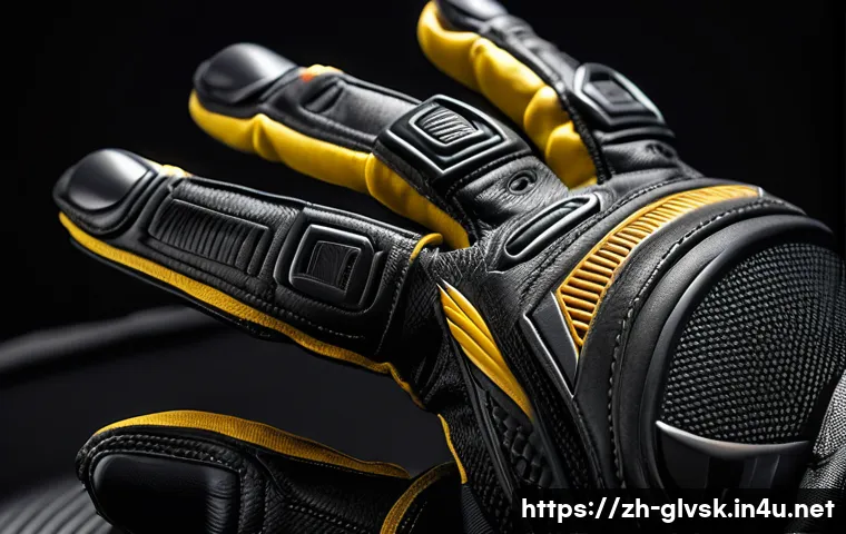 오토바이용 레이싱 장갑 - High-detail photorealistic macro of a race motorcycle glove laid on a matte black carbon-fiber workb...