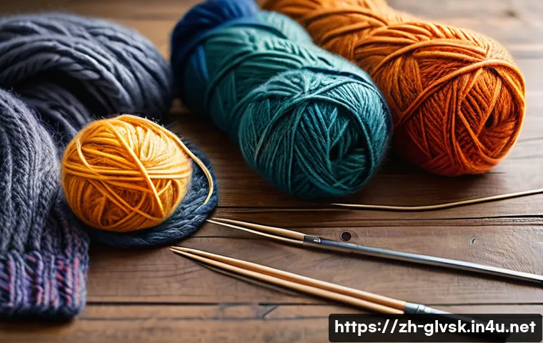 DIY 손뜨개 장갑 만드는 방법 - A cozy knitting workspace featuring a set of colorful wool yarn balls including soft pure wool, acry...