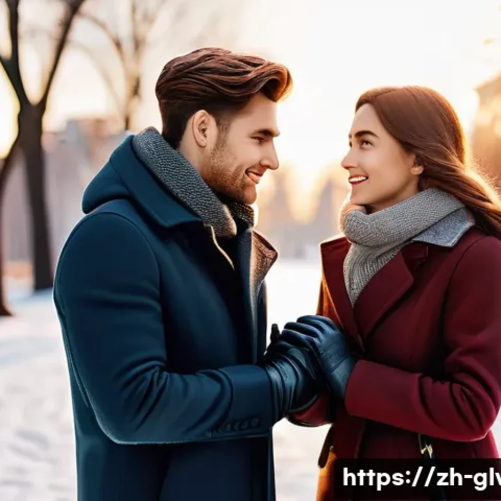 신혼부부용 커플 장갑 추천 - A stylish couple wearing matching classic genuine leather gloves, holding hands warmly in a snowy ur...