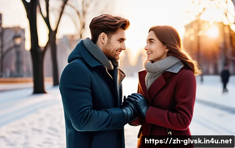 신혼부부용 커플 장갑 추천 - A stylish couple wearing matching classic genuine leather gloves, holding hands warmly in a snowy ur...