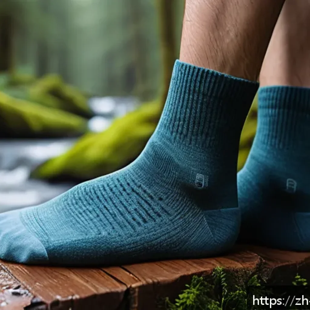 산악 양말 방수 기능 리뷰 - A close-up, hyper-realistic image of a pair of waterproof socks displayed on a rugged outdoor surfac...