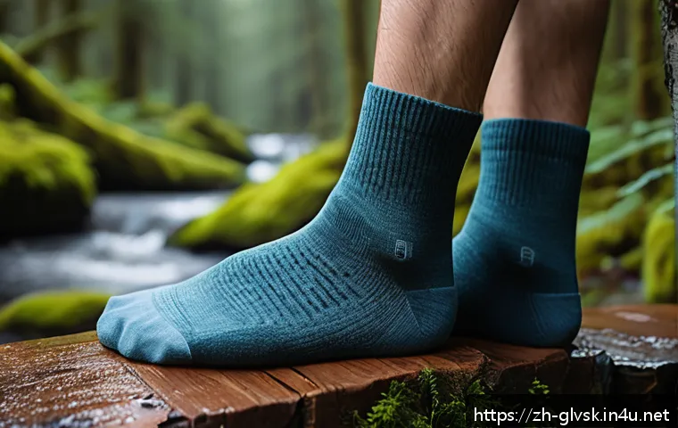 산악 양말 방수 기능 리뷰 - A close-up, hyper-realistic image of a pair of waterproof socks displayed on a rugged outdoor surfac...