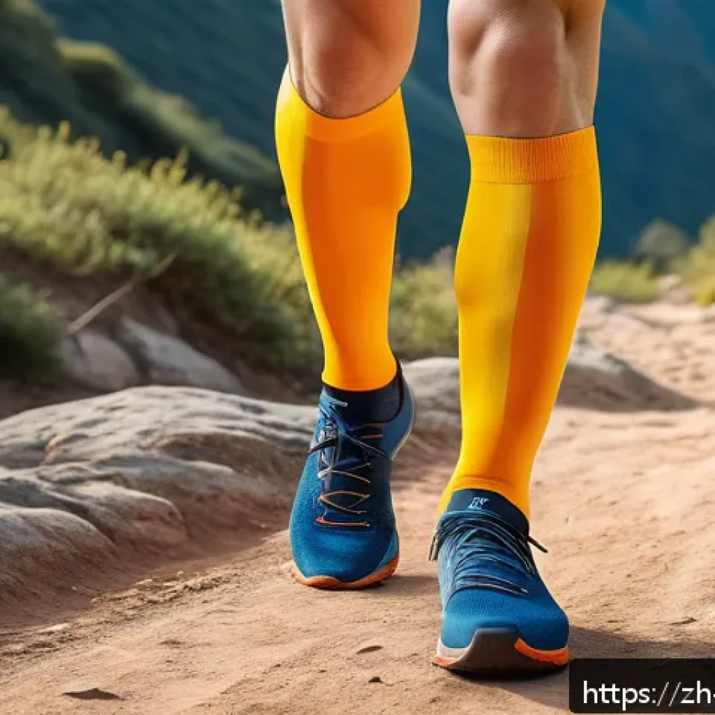 여행용 압축 양말 특징 - A detailed close-up of a pair of legs wearing high-quality compression socks with visible graduated ...