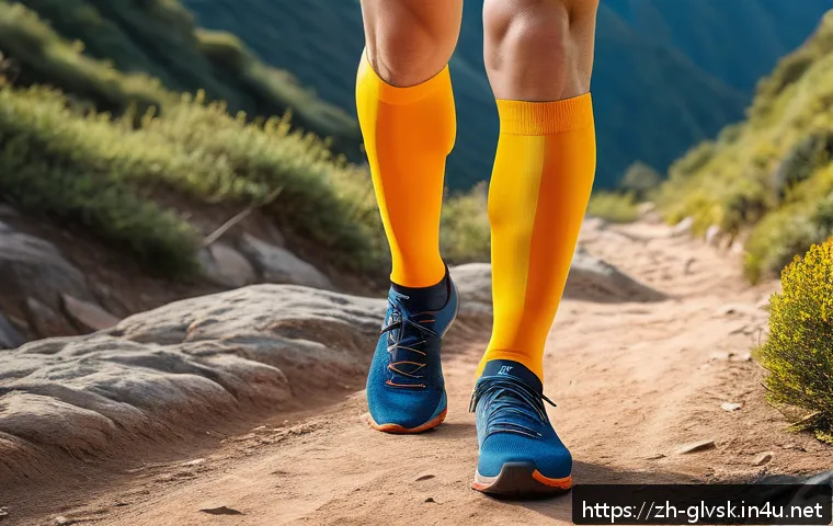 여행용 압축 양말 특징 - A detailed close-up of a pair of legs wearing high-quality compression socks with visible graduated ...