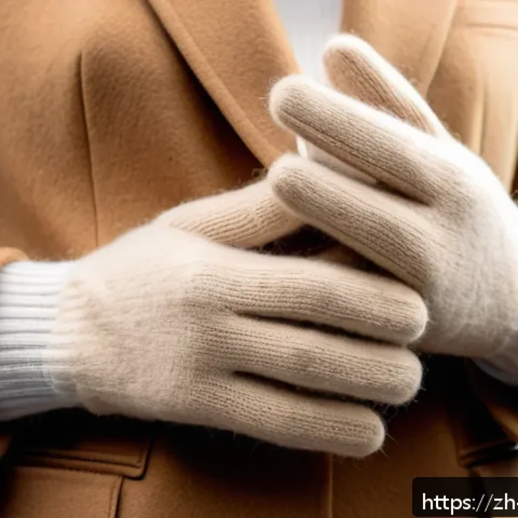 패션 장갑 스타일 추천 - A close-up image of a pair of luxurious cashmere gloves worn by a person with light skin tone, showc...