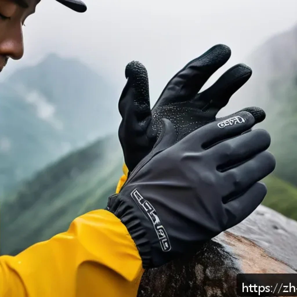 등산 장갑 소재별 특징 - A close-up, highly detailed image of lightweight polyester climbing gloves worn by an adult hiker in...