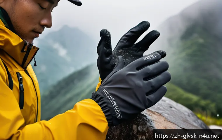 등산 장갑 소재별 특징 - A close-up, highly detailed image of lightweight polyester climbing gloves worn by an adult hiker in...
