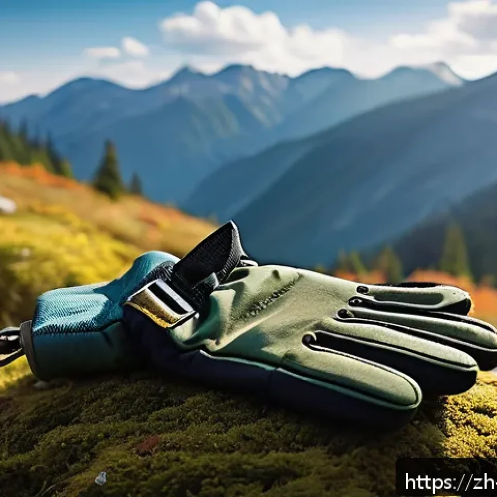 야외 캠핑 장갑 필수 아이템 - A detailed close-up of a pair of high-quality camping gloves made of mixed materials: rugged leather...