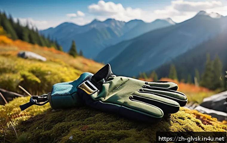 야외 캠핑 장갑 필수 아이템 - A detailed close-up of a pair of high-quality camping gloves made of mixed materials: rugged leather...