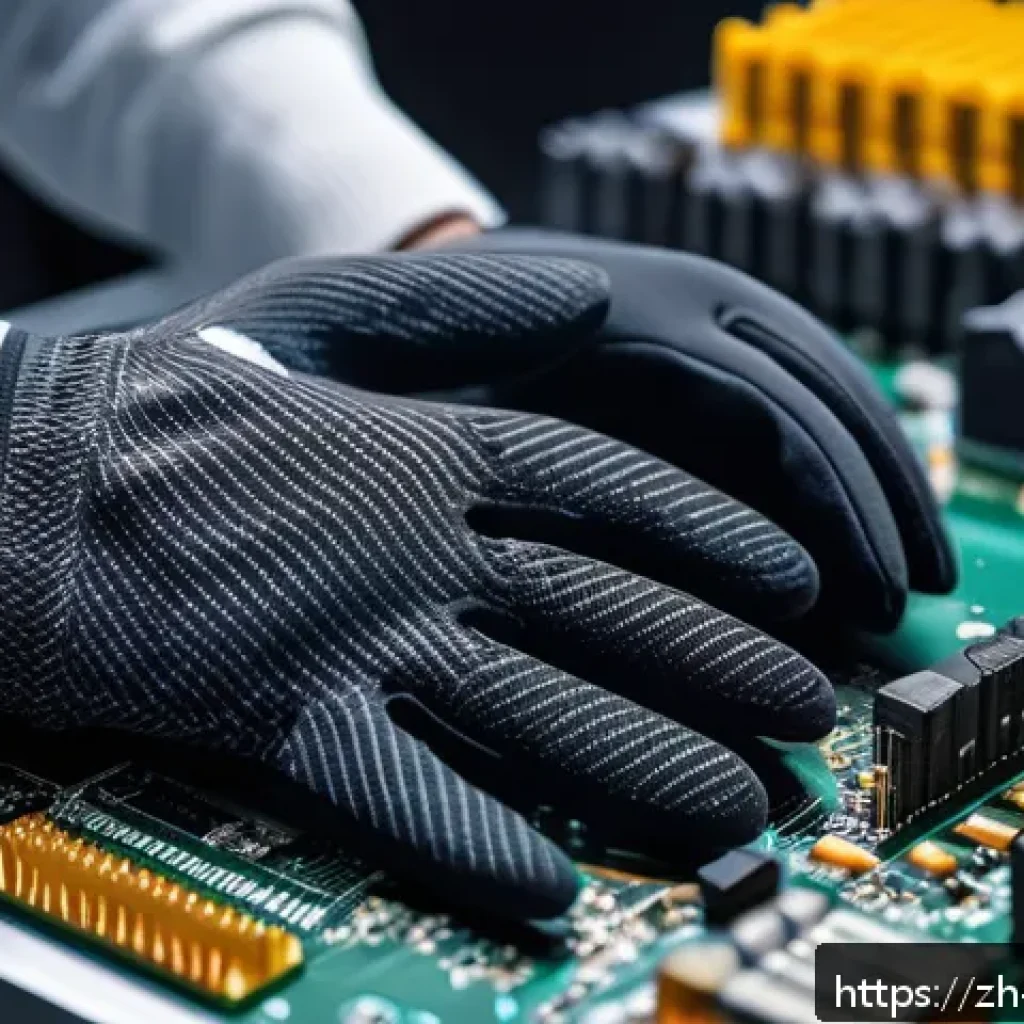 정전기 방지 장갑 추천 - A close-up shot of hands wearing high-performance anti-static gloves made from a blend of nylon and ...