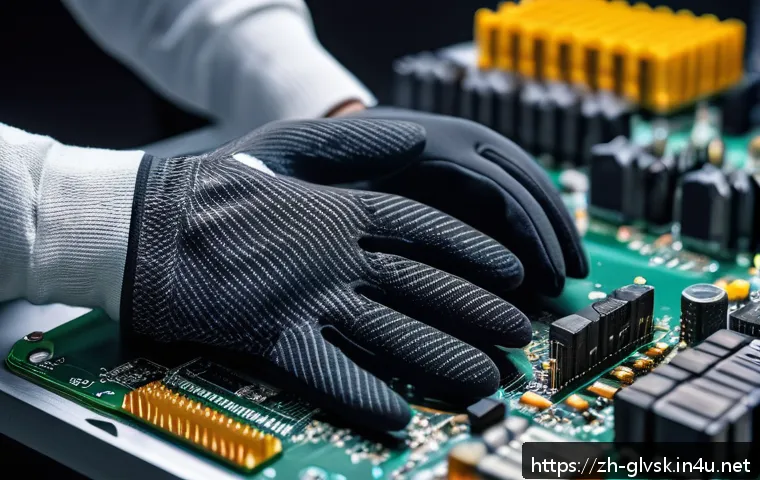 정전기 방지 장갑 추천 - A close-up shot of hands wearing high-performance anti-static gloves made from a blend of nylon and ...