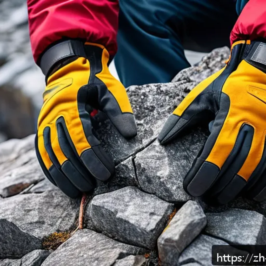등산 장갑 내구성 테스트 - A detailed close-up of a pair of rugged hiking gloves made from natural leather, showing visible tex...