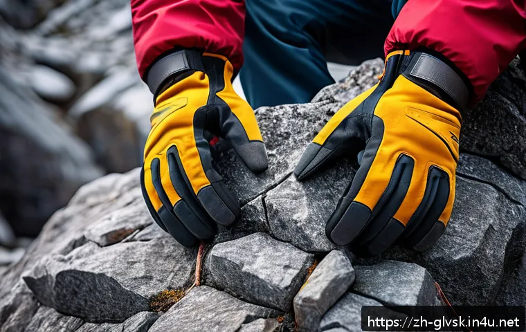 등산 장갑 내구성 테스트 - A detailed close-up of a pair of rugged hiking gloves made from natural leather, showing visible tex...