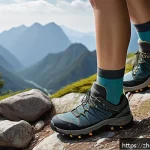 발목 보호용 등산 양말 - A detailed close-up image of a hiker’s ankle wearing a high-performance ankle support sock made of n...