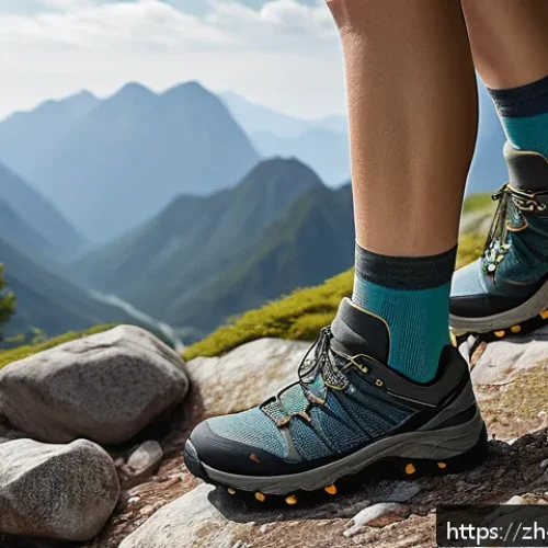발목 보호용 등산 양말 - A detailed close-up image of a hiker’s ankle wearing a high-performance ankle support sock made of n...