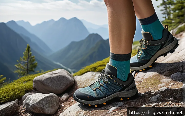 발목 보호용 등산 양말 - A detailed close-up image of a hiker’s ankle wearing a high-performance ankle support sock made of n...