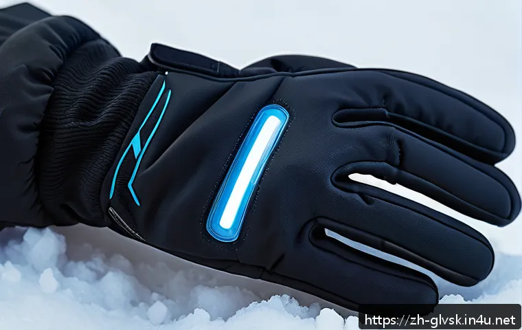 발열 장갑 최장 지속시간 모델 - A detailed close-up image of a modern heated glove designed for outdoor winter sports, featuring a s...