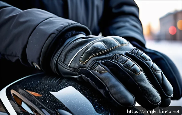 오토바이용 방한 장갑 추천 - A detailed close-up image of a pair of high-quality winter motorcycle gloves designed for cold weath...