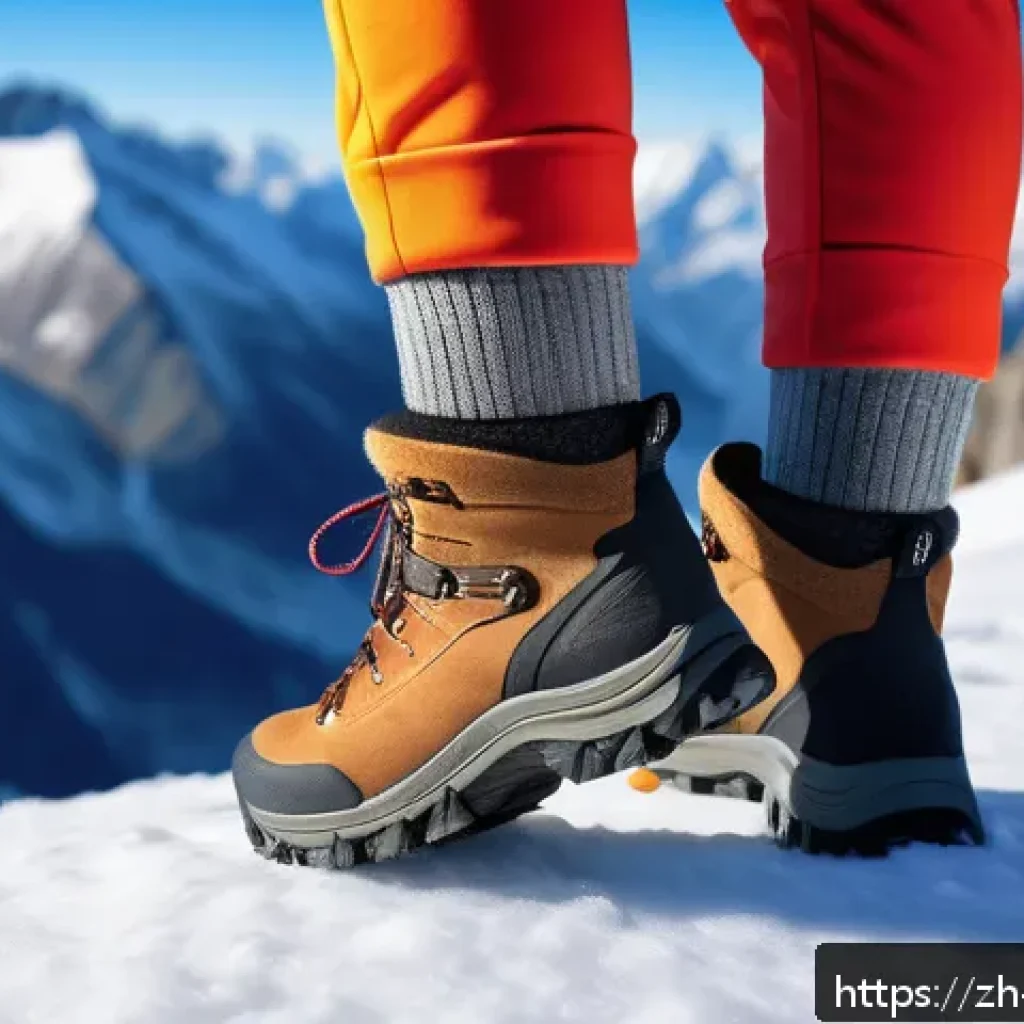 한파 대비 방한 양말 - A close-up shot of a pair of thick merino wool socks designed for outdoor winter sports, showing det...