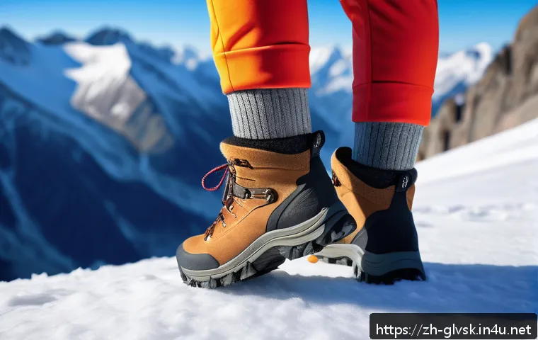 한파 대비 방한 양말 - A close-up shot of a pair of thick merino wool socks designed for outdoor winter sports, showing det...