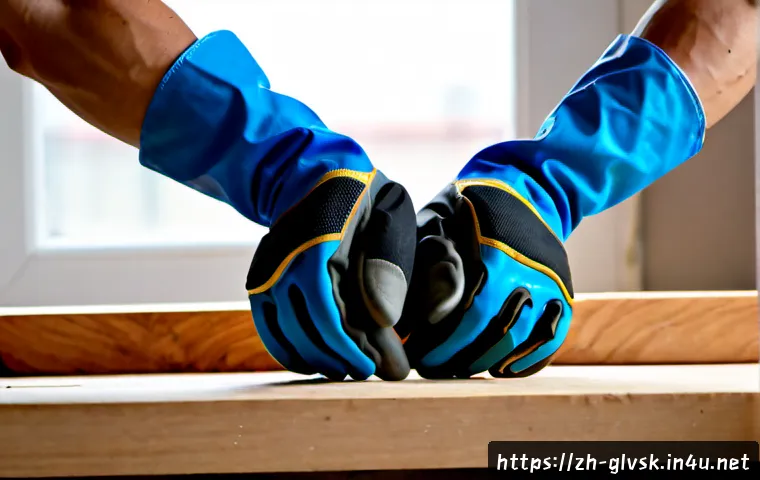 장갑 선택 시 주의해야 할 요소 - Photorealistic close-up of an adult carefully comparing two pairs of protective work gloves on a cle...
